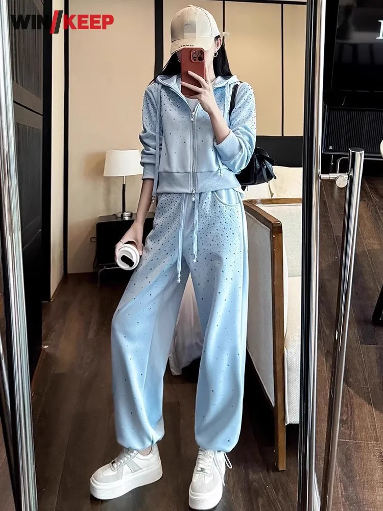 Winter New Women Warm Fleece Lining Sports Suits Diamonds Hooded Jacket High Waist Pants Running Tracksuit Two Piece Set Female