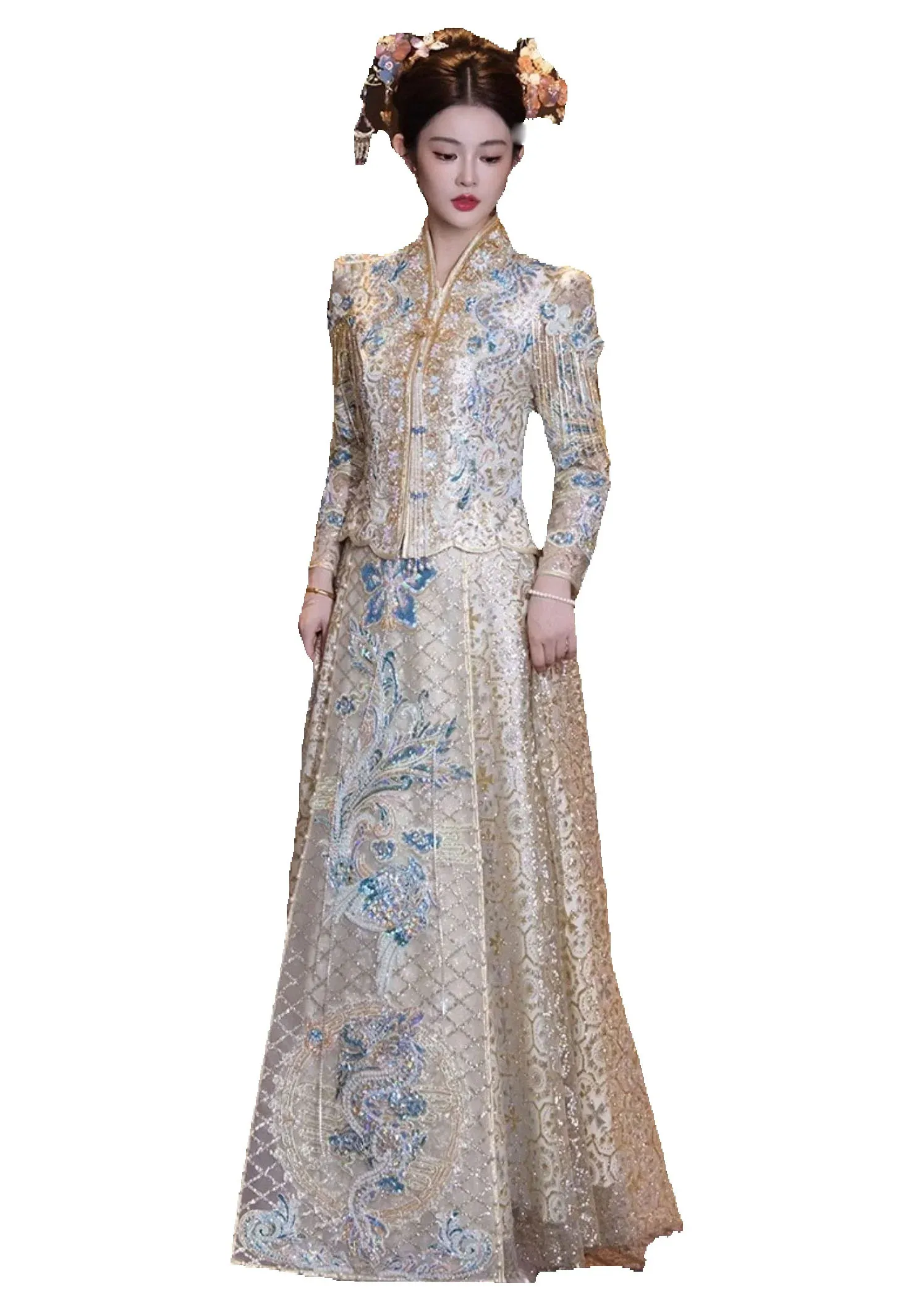 East Asian Champagne Blue Chinese Wedding Dress Gorgeous Embroidered Tops + Skirt Xiuhe Suit Cultural Classic Qipao Attire TP116
