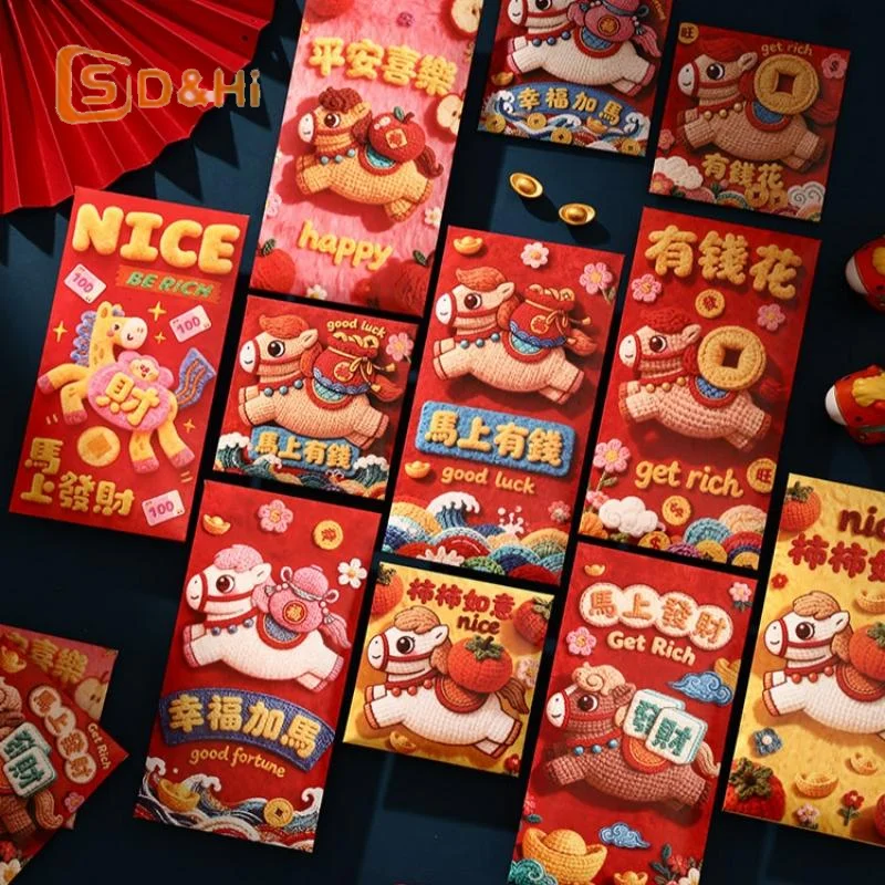 

Набор из 6 креативных бумажных красных конвертов на 2026 год (Год Лошади) с милым рисунком пони, традиционные китайские счастливые денежные пакеты, новогодние красные конверты
