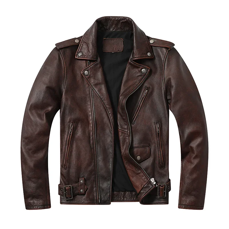 First Layer Cowhide Men's Motorcycle Riding Jacket Lapel Distressed Leather Jacket Slim Multi-Pocket Short Jacket