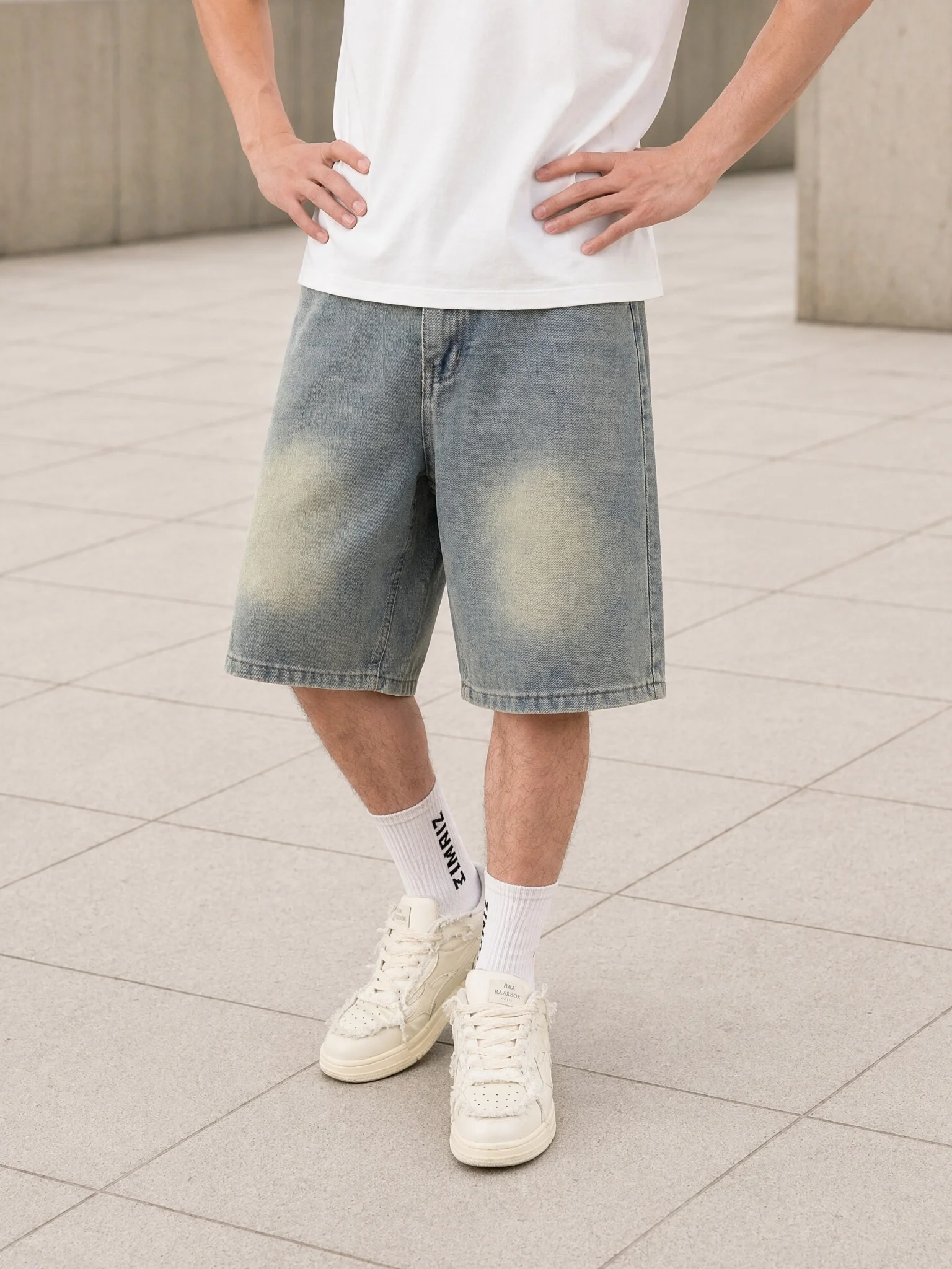 Summer Men's Non-Stretch Loose Five-Pocket Solid Denim Shorts, Mid Waist Straight Short Cut Casual Style