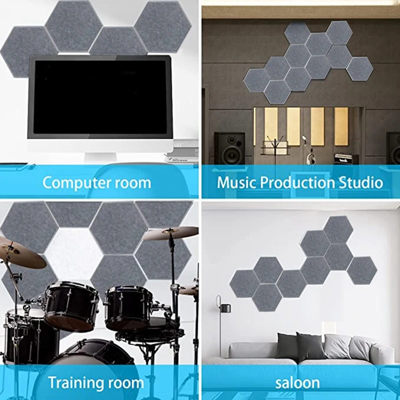 12Piece Hexagonal Self-Adhesive Acoustic Foam Board Acoustic Panels Grey For Studio, Home And Office