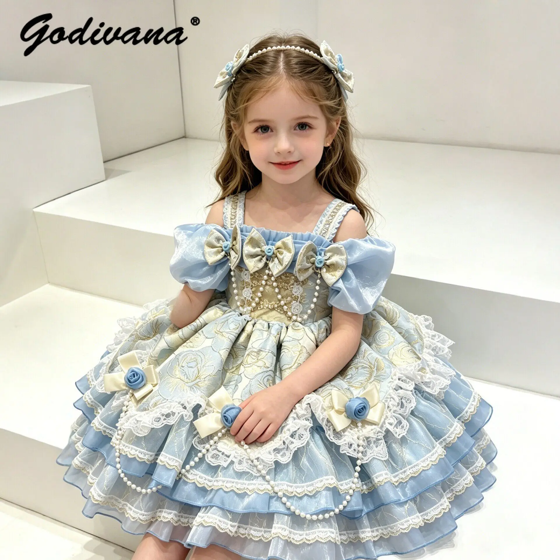

2026 New Summer Sweet Baby Girls Lolita Princess Dress Kids High End Heavy Bubble Sleeve Lace Tiered Bow Pearls Cake Ball Gown