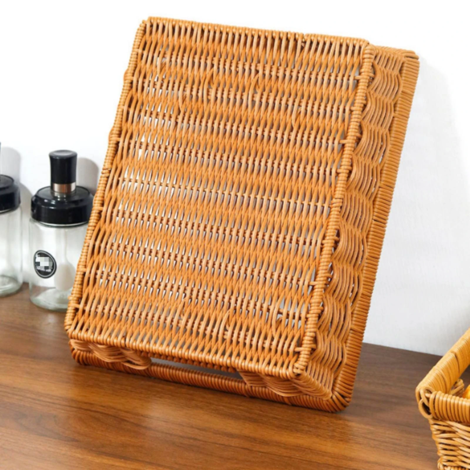 

Shallow Woven Basket Tea-Colored Rectangular Storage Basket Home Organization Uncovered Top Natural Material