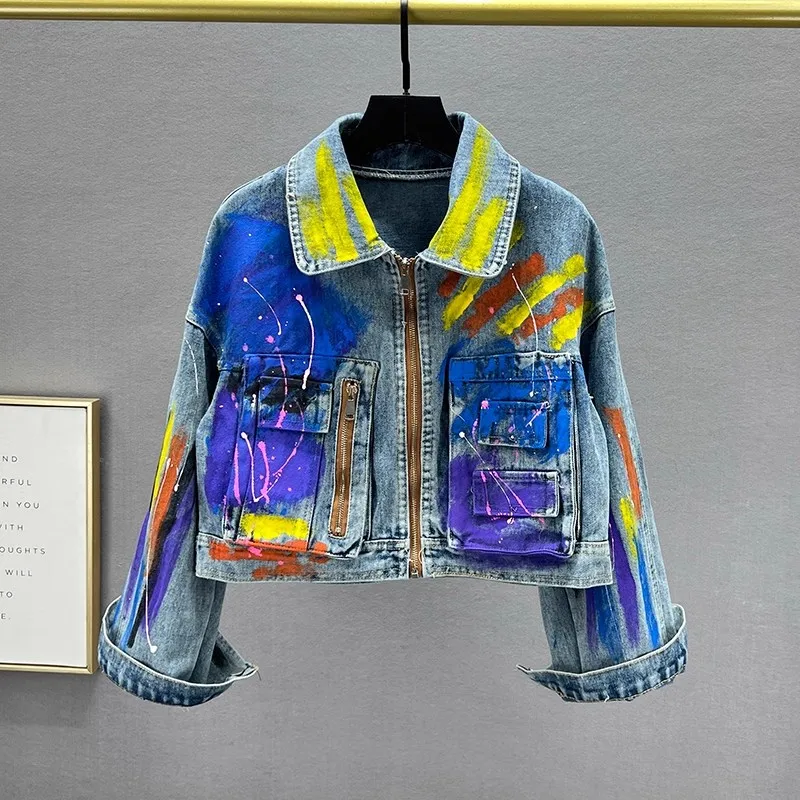 

Hand-Painted Graffiti Print Short Jeans Jacket Coat Streetwear Fashion Lapel Zipper Big Pocket Autumn New Female Denim Jacket