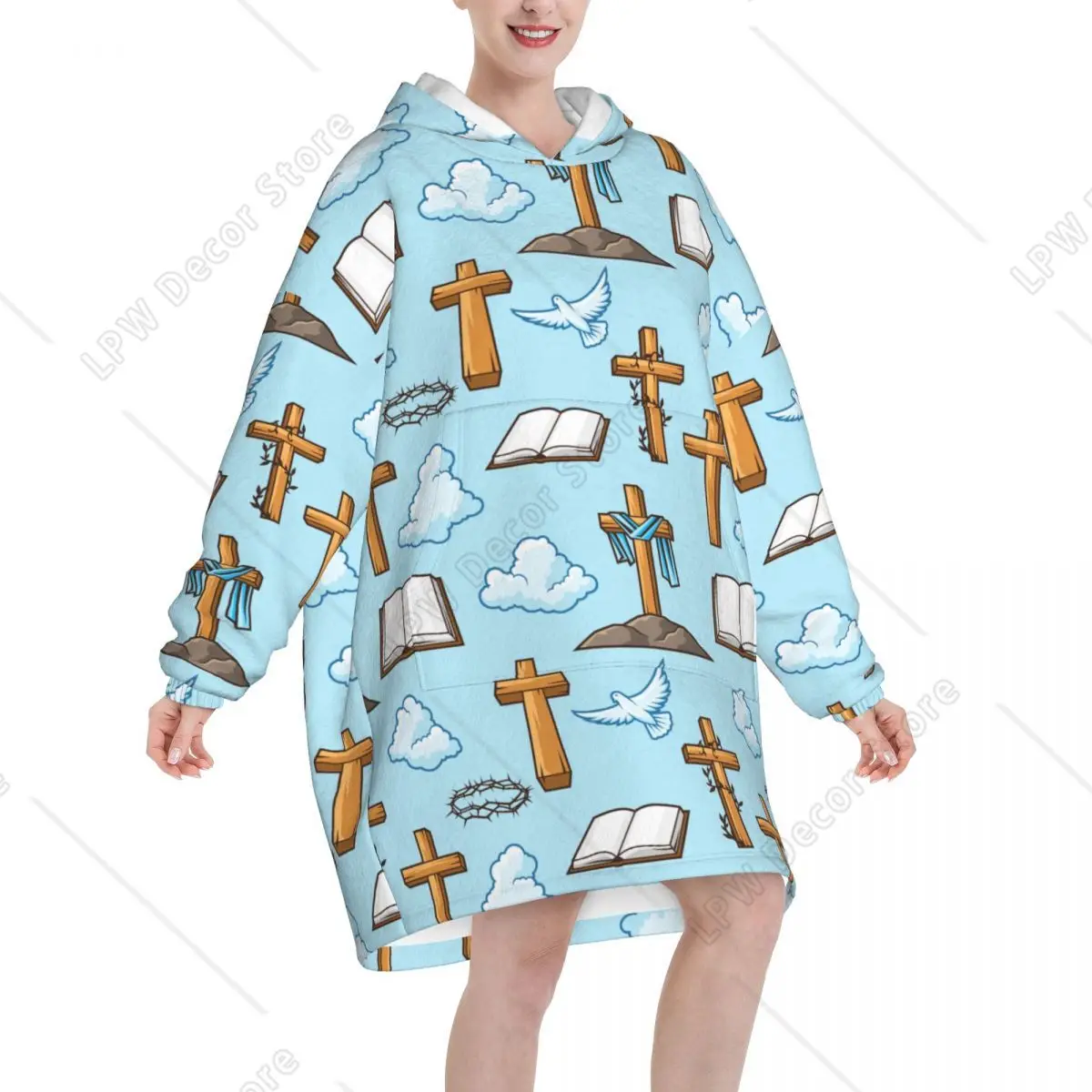 Happy Easter Religious Symbol Blanket Hoodie Sweatshirt Christian Cross Christ Fleece Hooded Wearable Blanket for Women