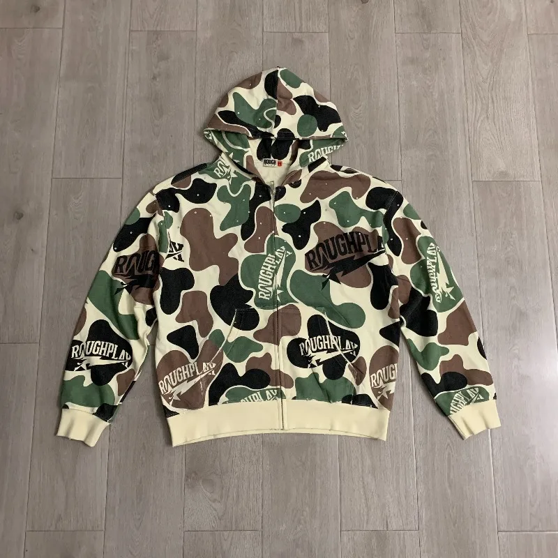 Rough Zipper Hoodies Men Women Color Printed Pure Cotton American Vintage Oversized Jacket