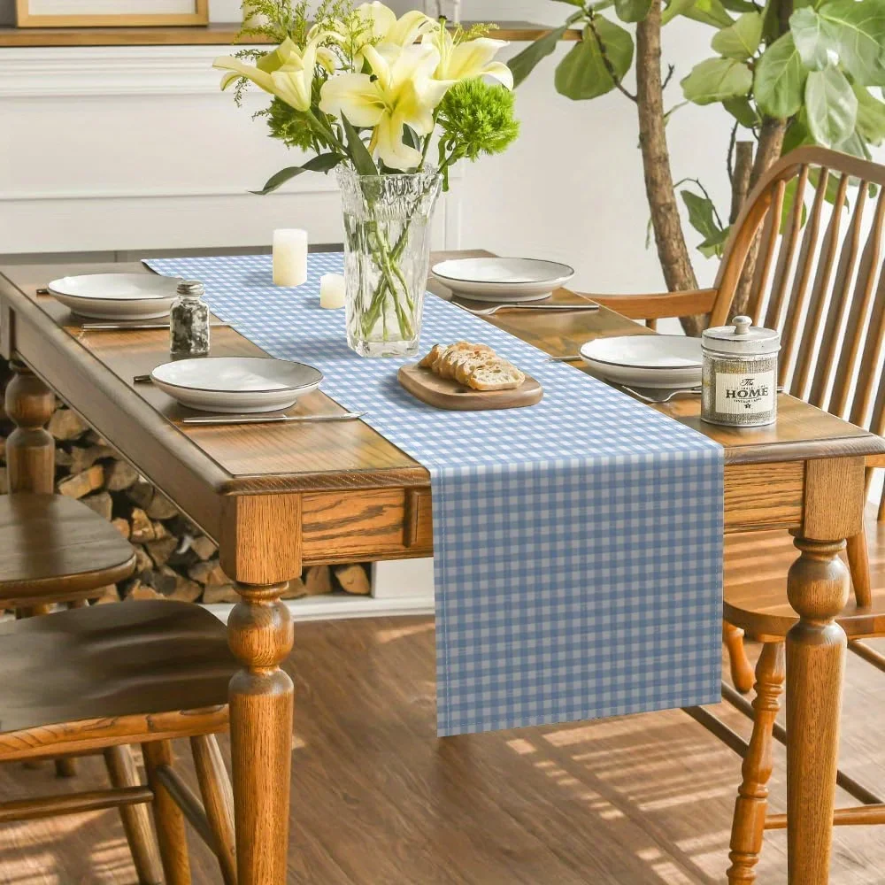 1Pc Classic Gingham Style Table Runner Light Blue And White Checkered Pattern Table Cover For Dining Room Kitchen Party Banquet