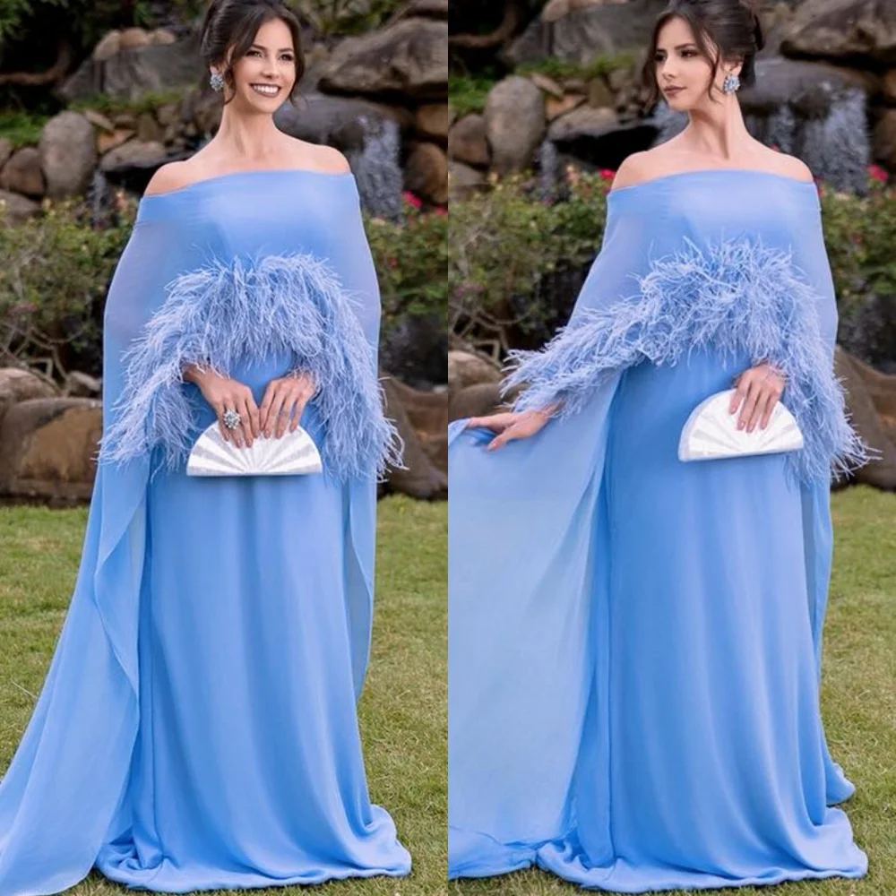 

Customized Fashion Blue Chiffon Evening Dresses Classic Off the Shoulder Homecoming Dresses Soft Feathers Vestido De Festa