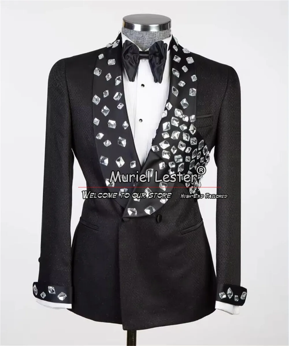 Designer Crystals Beaded Embellished Suits Men Formal Party Wedding Tuxedo Customized 2 Pieces Double Breasted Groom Prom Blazer