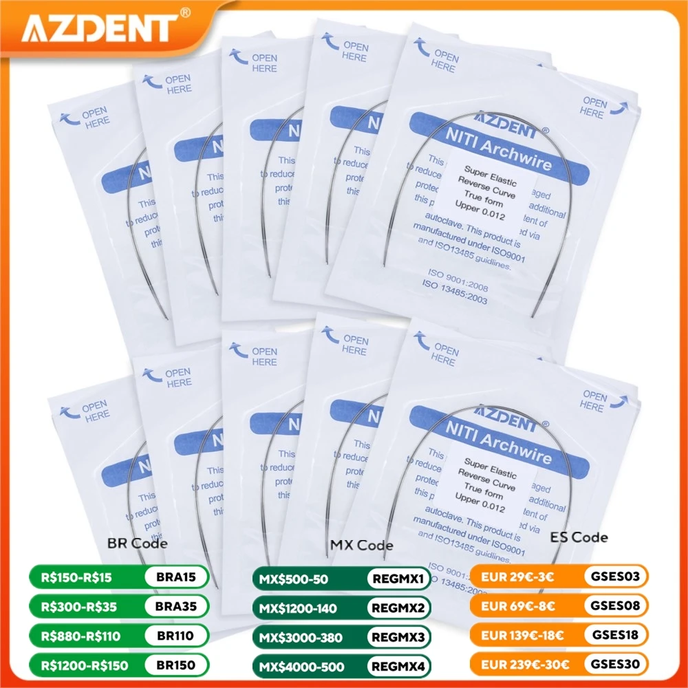 10 pacotes dental ortodôntico curva reversa redondo retangular arco fios azdent forma verdadeira super elástica liga niti 2 unidades/pacote