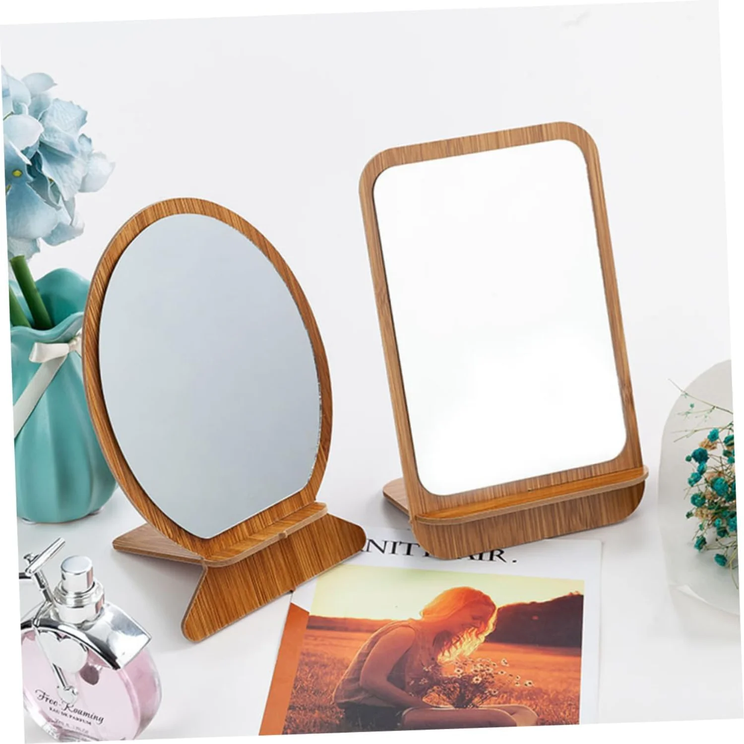 2 stücke Holz Holz Klapp Make-Up für Frauen Männer Friseur Friseur Tisch Spiegel Tisch Kommode Tragbare Stehen