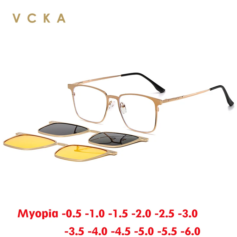 VCKA 3 in1 Anti-blue light Myopia Sunglasses Magnetic Clip Polarized Glasses Men Prescription Square Eyeglasses -0.50 to -10