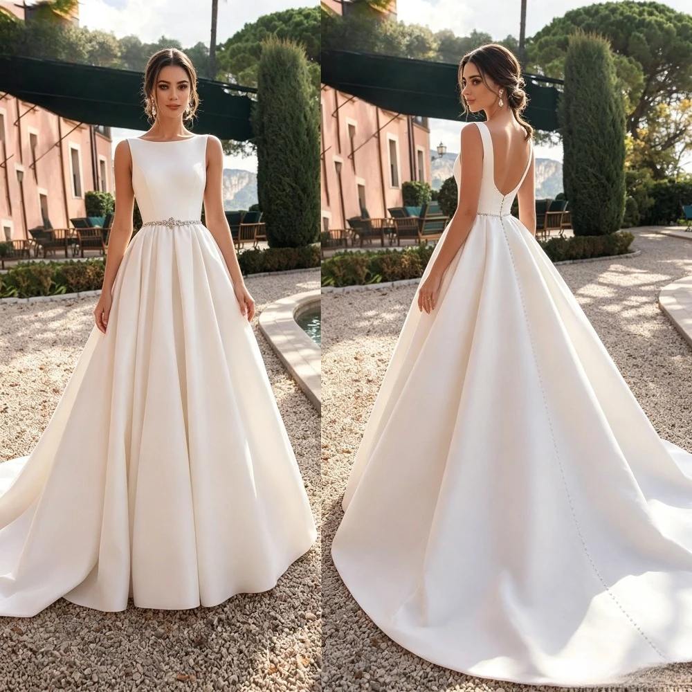 Customized Boat Collar Elegant Satin A-line Wedding Dress Luxurious Princess Wind Belt Beaded Waistband Sleeveless Bridal Gown
