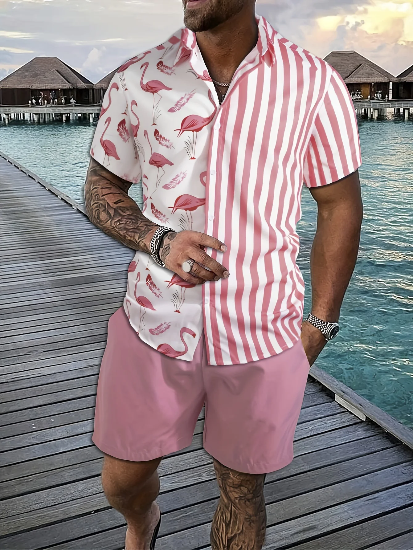 Men's Hawaiian Beach Shirt Ensemble Flamingo Print Short Sleeved Floral Shirt Tops Baggy Short-sleeved Combo For Hainan Travel