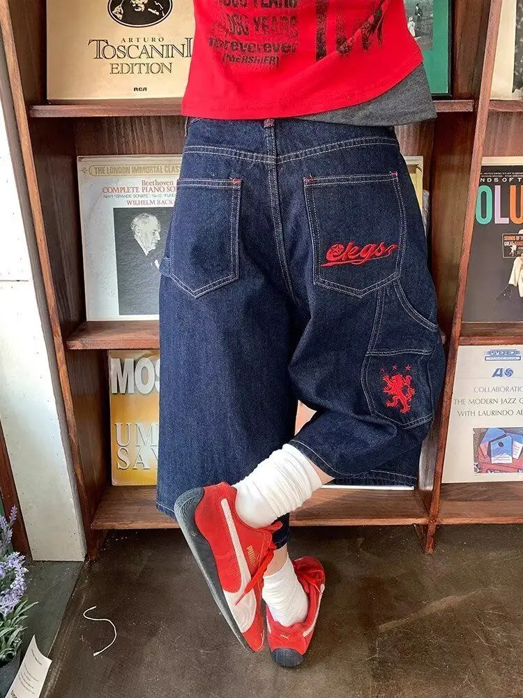 Women's Red Embroidery Wide Leg Calf-length Trousers Girl Shorts Jeans Female High Waist Capris Sweatpants Summer Pants