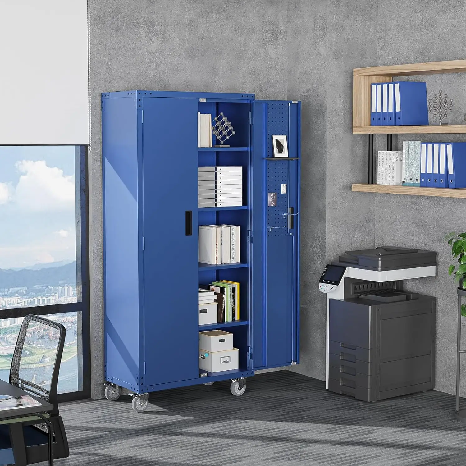 72'' Tall Metal Garage Storage Cabinet with Pegboards, Wheels, Locking Doors and Adjustable Shelves, File Cabinet