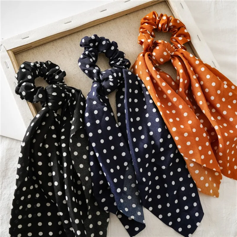 Polka Dot Print Chiffon Long Ribbon Scrunchies Women Girls Ponytail Holder Elastic Rubber Bands Hair Ties Ropes Hair Accessories