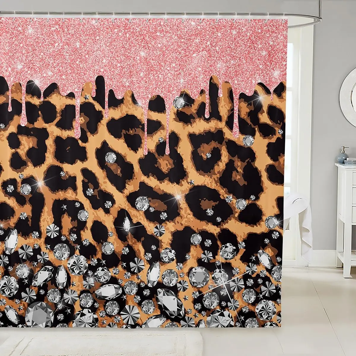 Pink Bowknot Glitter Shower Curtain Abstract Leopard Cheetah Zebra Skin Girls Women Bow-tie Shining Diamond Bathroom Curtain