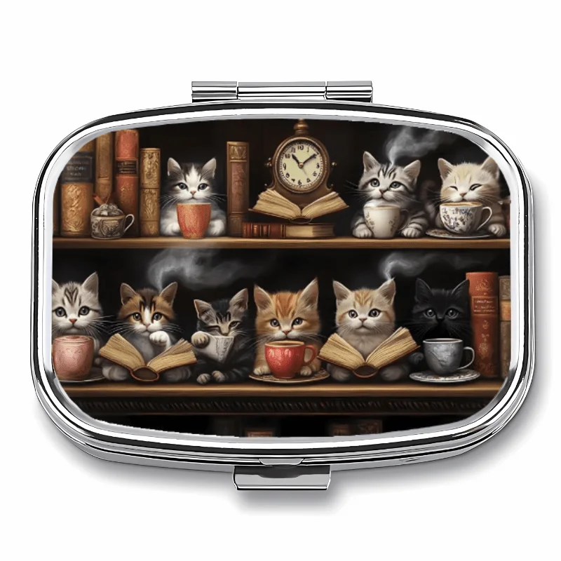 【2 Styles and Capacities to Choose From】Portable Decorative Box with Cat-Themed Bookshelf Design for Drinking Coffee and Reading, Rectangular or Round Shape, 3-Compartment or 2-Compartment Metal Pill Box, Compact Metal Pill Box, Portable and Decorative Vitamin Storage Box, or Unique Gift for Your Wallet