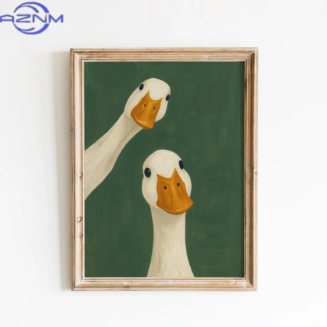 AZNM Serene Duck Duo Green Wall Art - Calming Print Celebrating Fowl Friendship. The Deep Green Backdrop and Sweet Duck Faces Cr