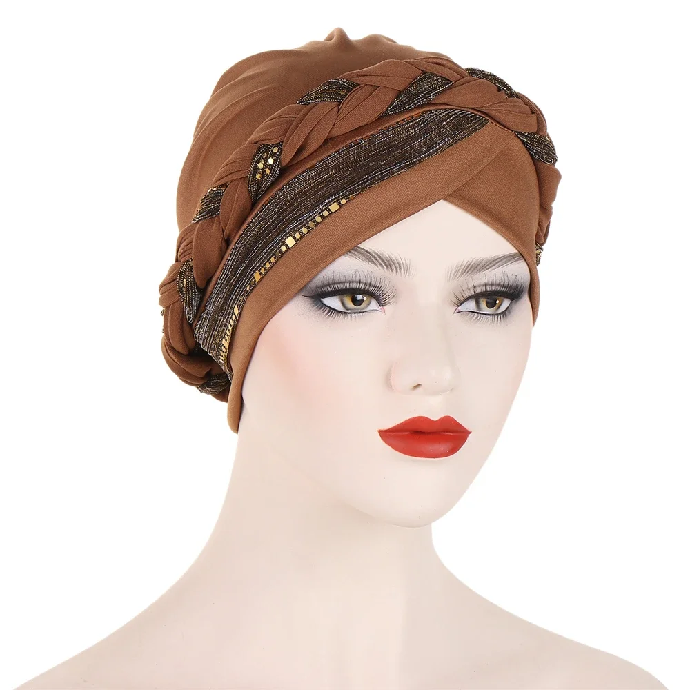 

New Indian Turban Braids Chemo Cap Women Muslim Sequins Hijab Cancer Hat Beanies Bonnet Hair Loss Headscarf Wrap Turbante Mujer