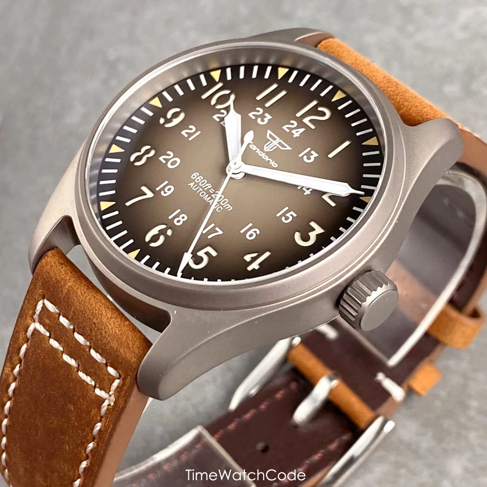 Tandorio Pilot Aviator Automatic Watch for Men Ti-2 Titanium NH35A PT5000 Movement Sapphire Anti-allergy 200m Waterproof 39mm