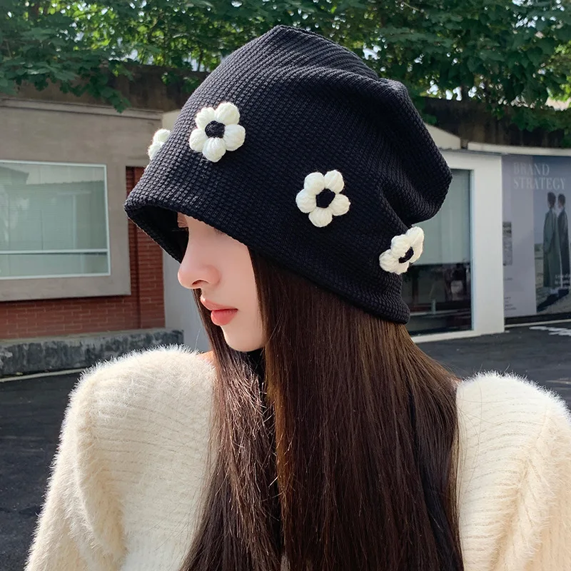 Women Slouchy Beanie Hat Women Loose Fit 3D Flower City Walk Travel Soft Young Girls Autumn Winter Daily Wear Street Snap Beanie