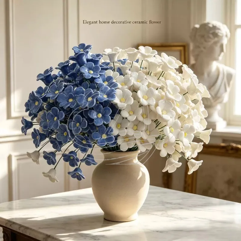 Handcrafted Forget-Me-Not Ceramic Flowers Fade-Resistant Pottery Ornaments for Indoor Outdoor Home Deco view 6