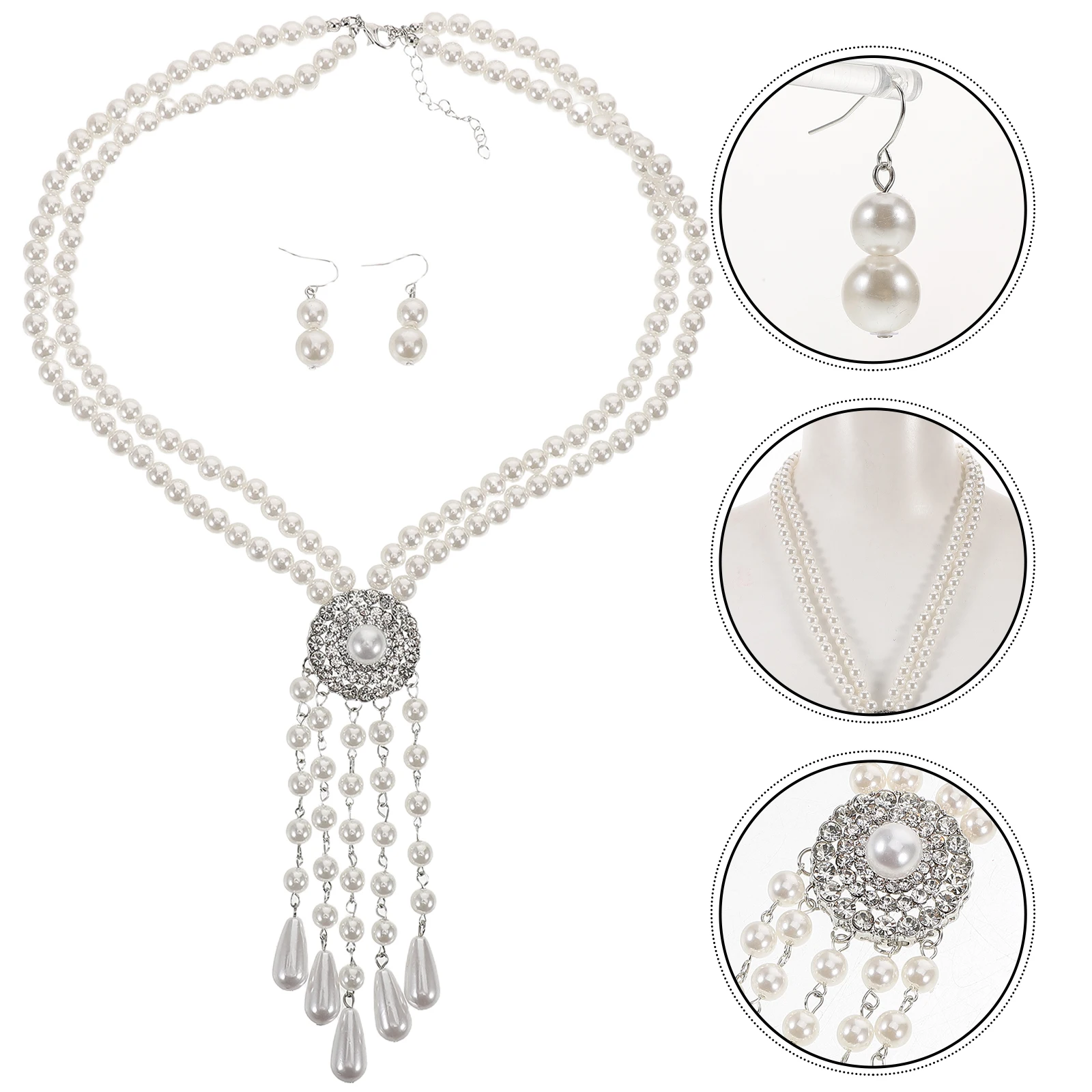 

1 Set Elegant Teardrop Pearl Necklace Vintage Tassel Choker Bridal Statement Jewelry Wedding Accessories Faux Layered Earrings