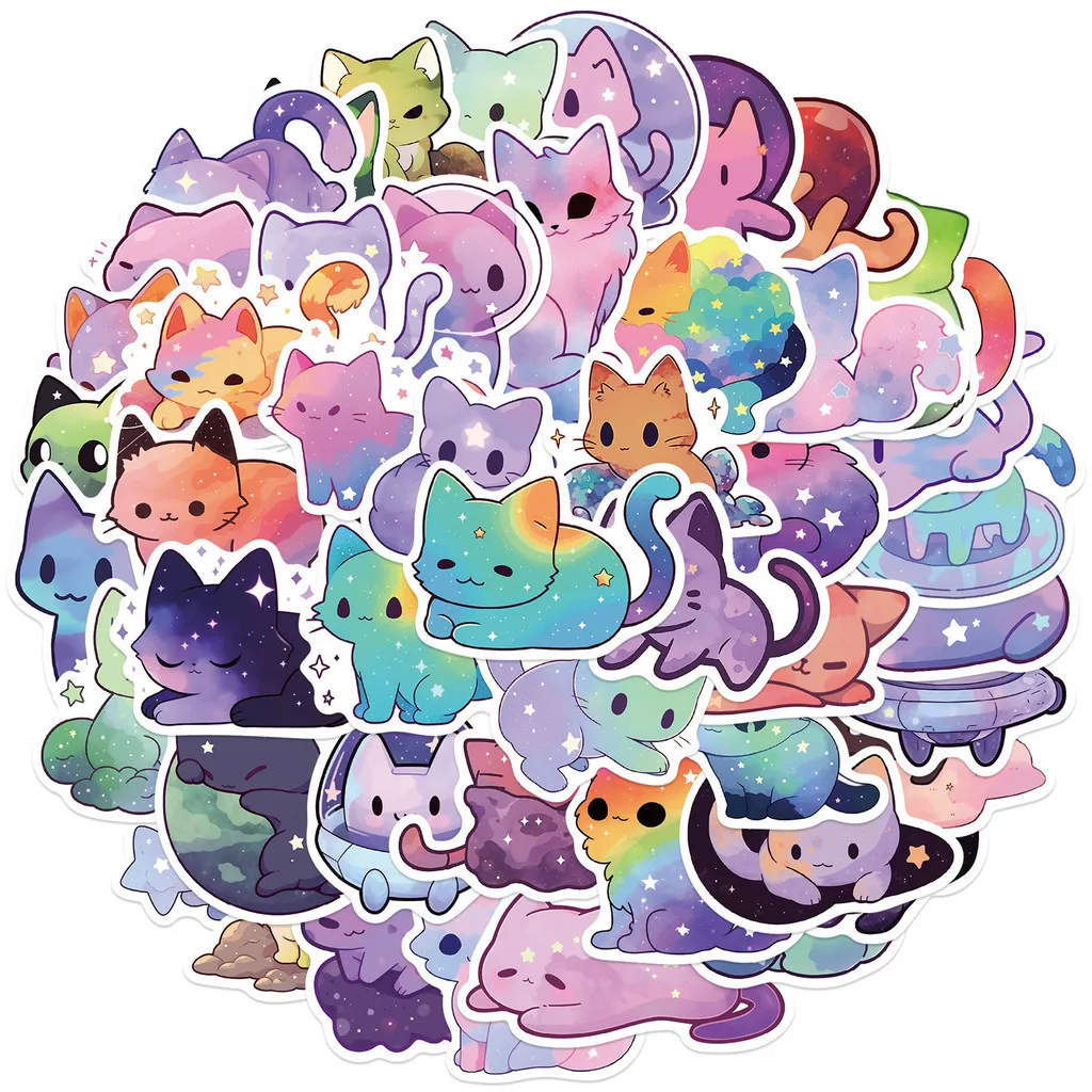 50PCS Colorful Starry Sky Cat Waterproof Graffiti Stickers for Helmet Bicycle Hand Account Pencil Case Decals