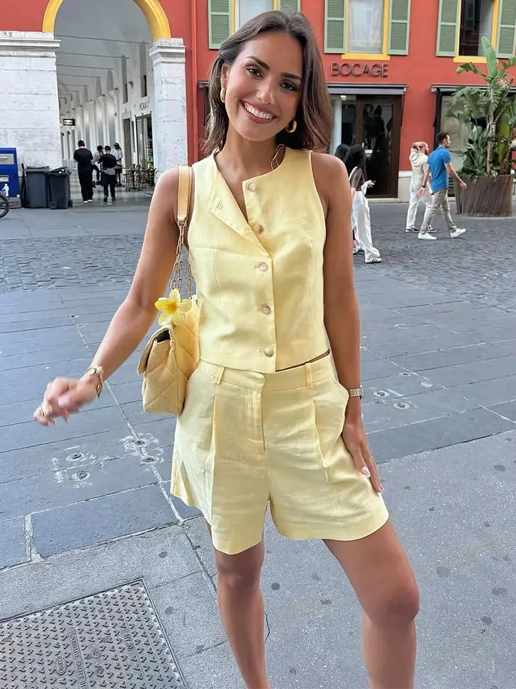 

Trendix Pocket Patchwork Shorts 2 Piece Sets Women Summer Fashion Button O Neck Sleeveless Tops High Waist Casual Shorts Suits