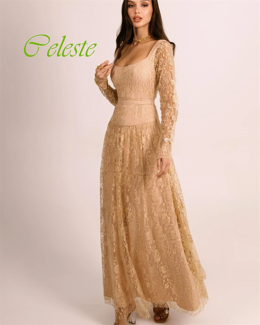 تخصيص طول الكاحل ألف خط مغرفة مساء اللباس الدانتيل أزياء الزنانير فستان العودة للوطن الكلاسيكية والحديثة فساتين المشاهير