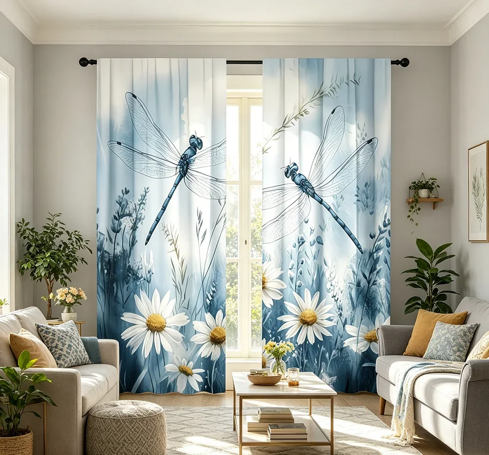 Digital Printed Curtains with DragonflyDaisy Design, Stylish Window Drapes for Living Room Bedroom Home Decoration