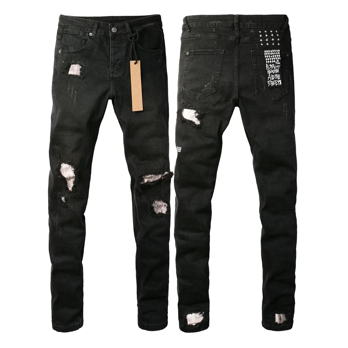 Fashion High Street KSUBI Cross Jeans Men Black Paint Hole patch Trend Low Rise Skinny Denim Pants Pleated Ripped FrayedTrousers