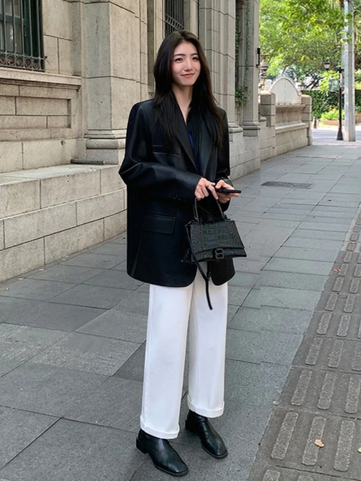 

Black Leather Suit Jacket Women's Loose Vintage Style Korean Fashion Autumn New Arrival Elegant Personality Long Sleeve Coat