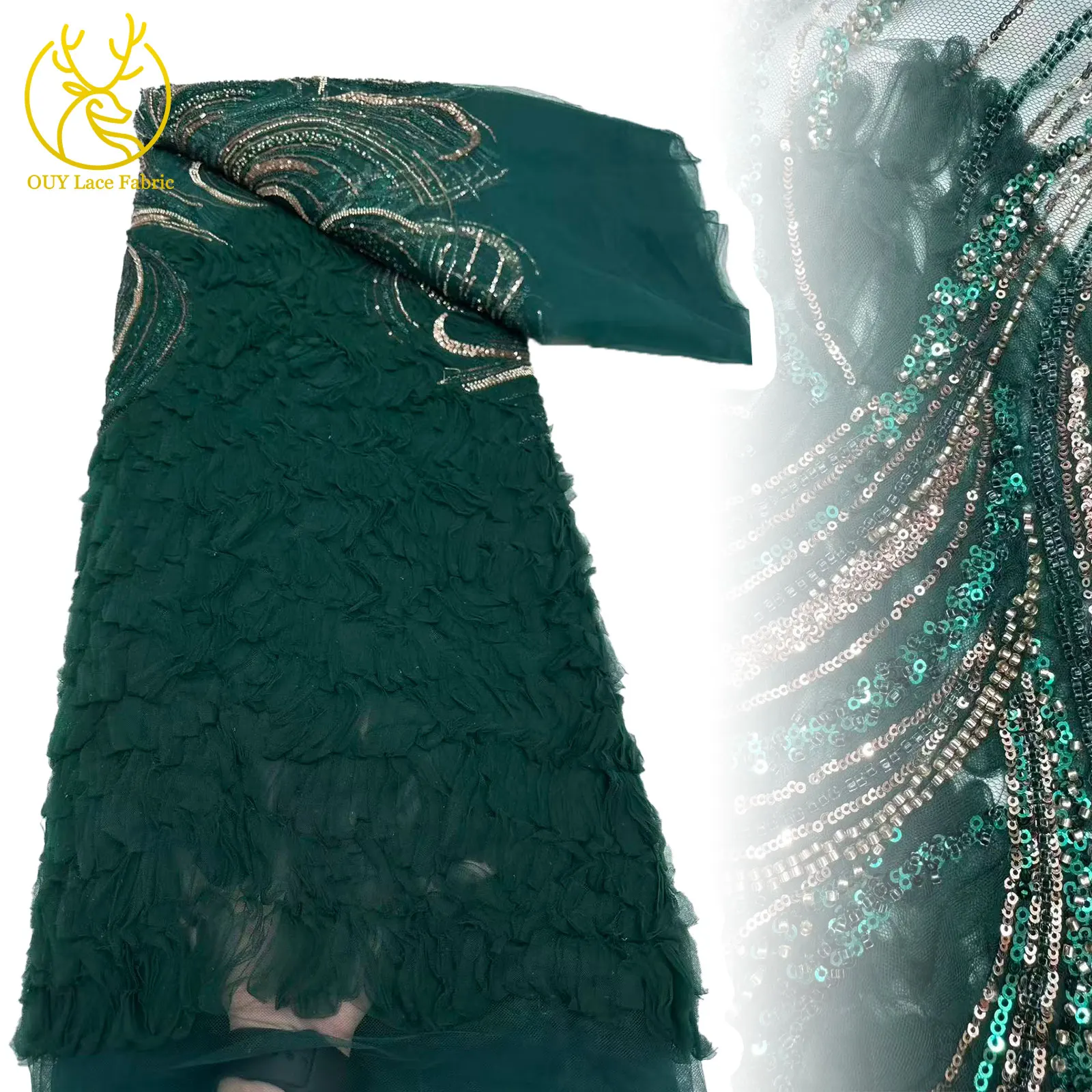 

Newest Green Africa France 3D Tulle Lace Fabric 2025 Nigeria Groom Beaded Sequin Lace Fabric For Party Wedding Dress Sewing