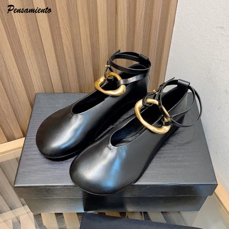 Fashion Patent Leather Metal Ring Women Ballet Flats Spring Autumn Ankle Strap Mary Janes Soft Soles Loafers Walking Lazy Shoes