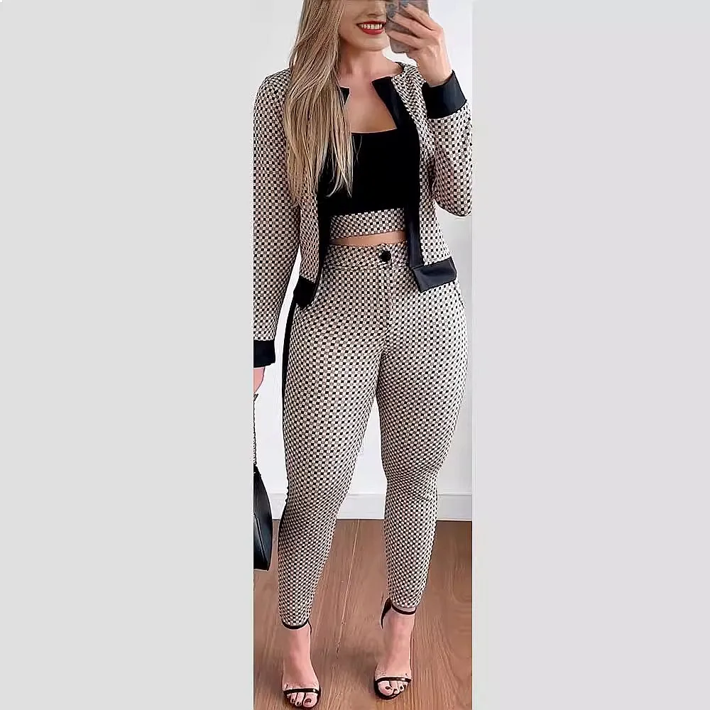 Streetwear Slim Fit Women's Vest Cardigan Tight Pants 3 Piece Matching Set Hot Sale