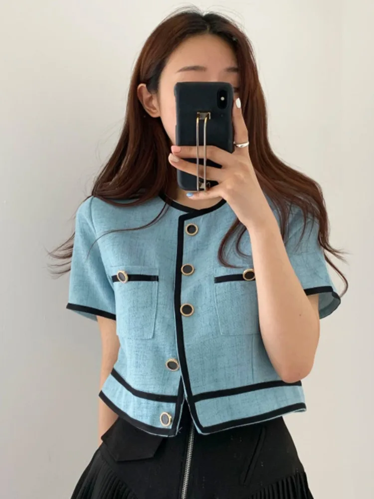 

Шикарный круглый женский топ Ne Splice Color Ele на одной пуговице, прямой, тонкий или верхний топ, модный для поездок на работу, китайское происхождение