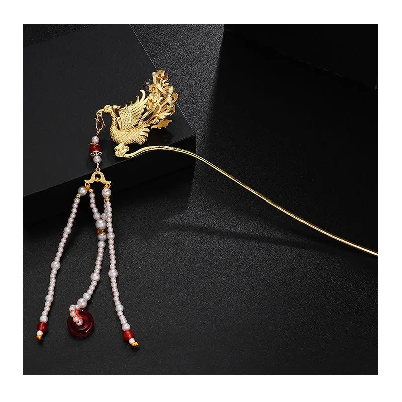 Pure Copper Hairpin Copper Gold-plated Twisted Lotus Phoenix Gemstone Walking Hairpin Hair Accessories Bridal Wedding Hair Acces
