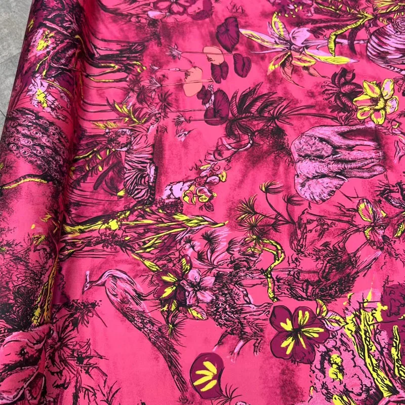 

European And American Fashion Pink Jungle Animals Printed Twill Natural Silk Fabric For Women Dress Blouse Handmade DIY Cloth