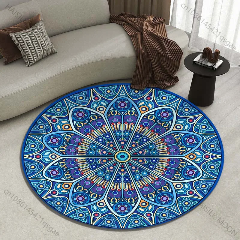 Intricate Blue Geometric Mandala Design Printed round carpet living room sofa table carpet large pet mat soft round carpet