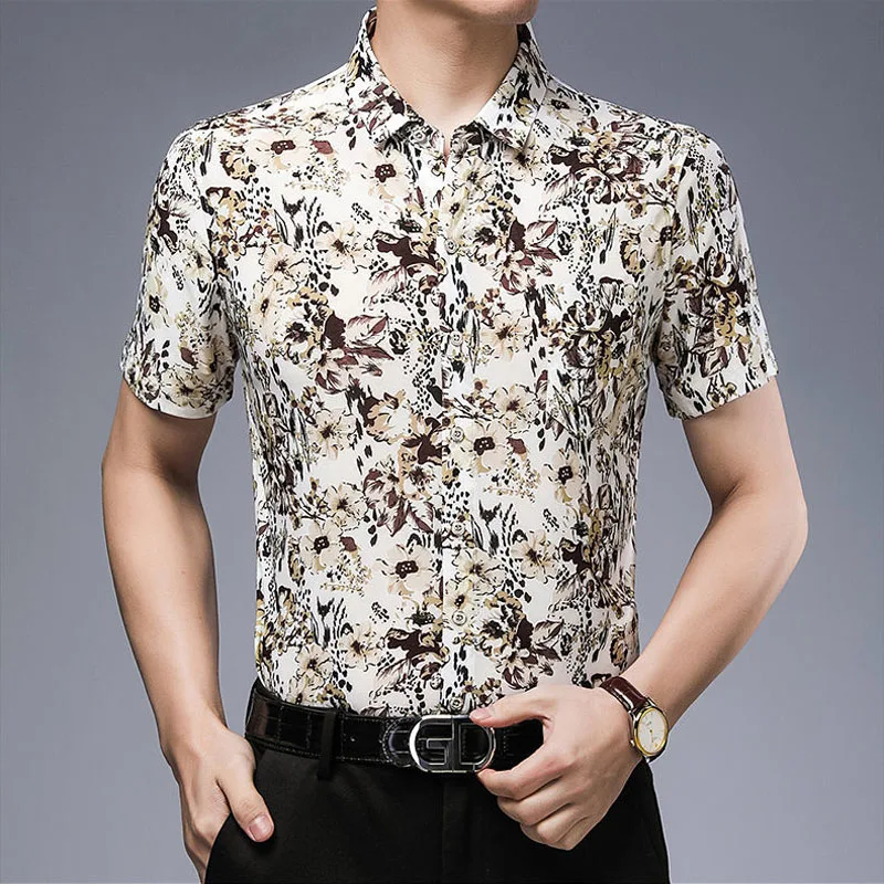 Fashionable Short Sleeve Men Polo-Neck Shirt Summer Casual Male Clothes Vintage Printing Trend Single-breasted Pockets Shirt