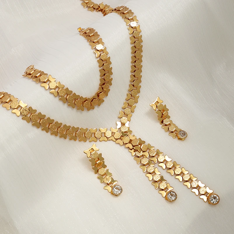 Dubai Gold Jewellery Sets Bow Chain Zircon Necklace Bracelet Earrings Set Gold Plated Arab Nigeria Women Wedding Party Jewelry