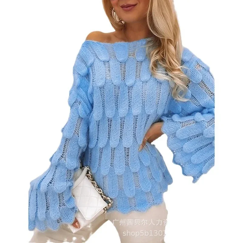 Autumn Winter New Women\'s Elegant Texture Knitted Sweater Can Be Diagonal Collar Wear Casual Fashion Tops