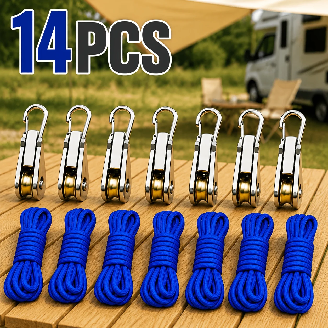 14-Piece Adjustable Rope Pulley Hanging Kit, Includes 7 Metal Hooks and 7 Nylon Ropes, Heavy-Duty Lifting System for Hanging Tents, Plants, Storage Baskets, Suitable for Workshop Ceiling Organization Tasks