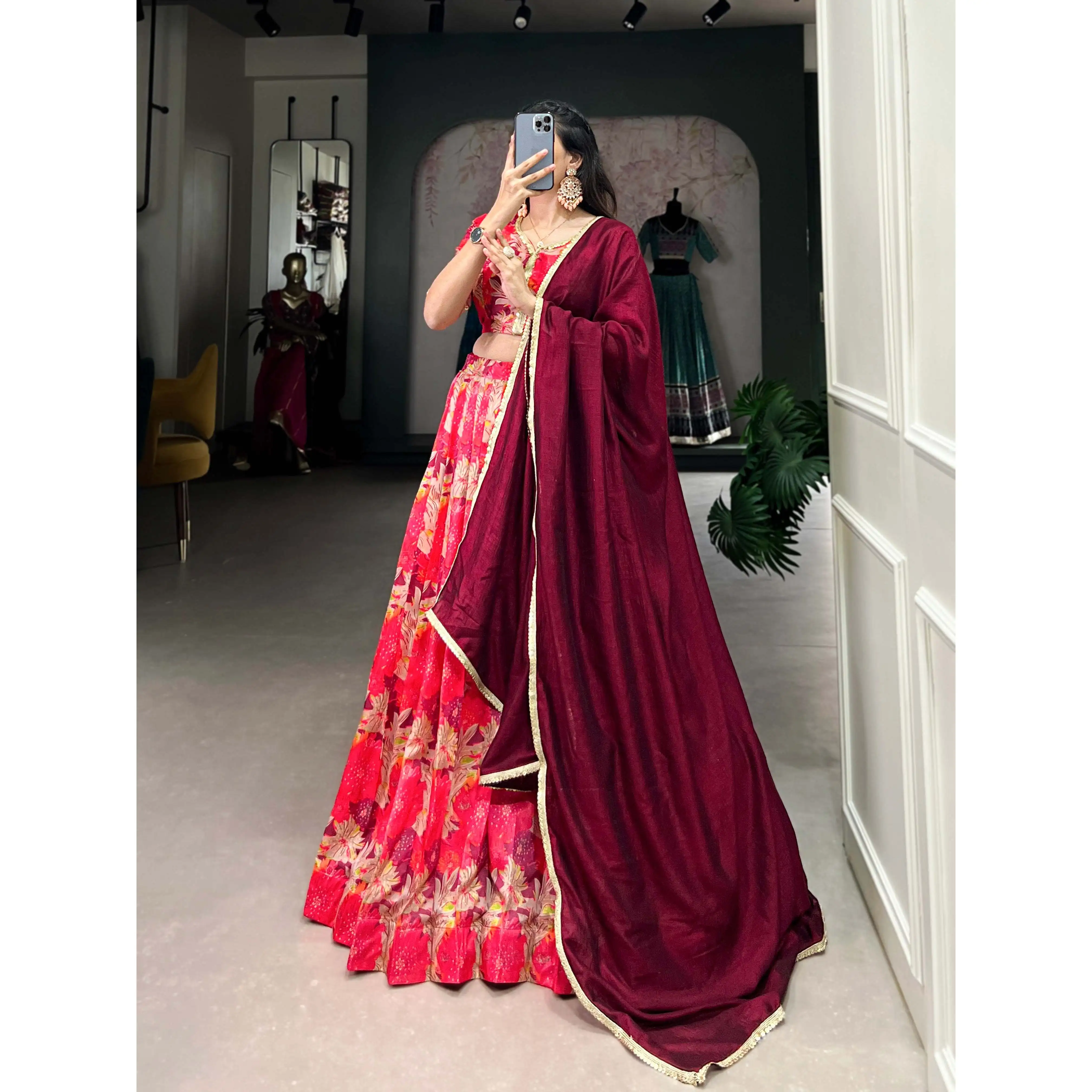 Attractive Red Tussar Silk Lehenga Choli With Dupatta Hand Printed Traditional Chinese Clothing
