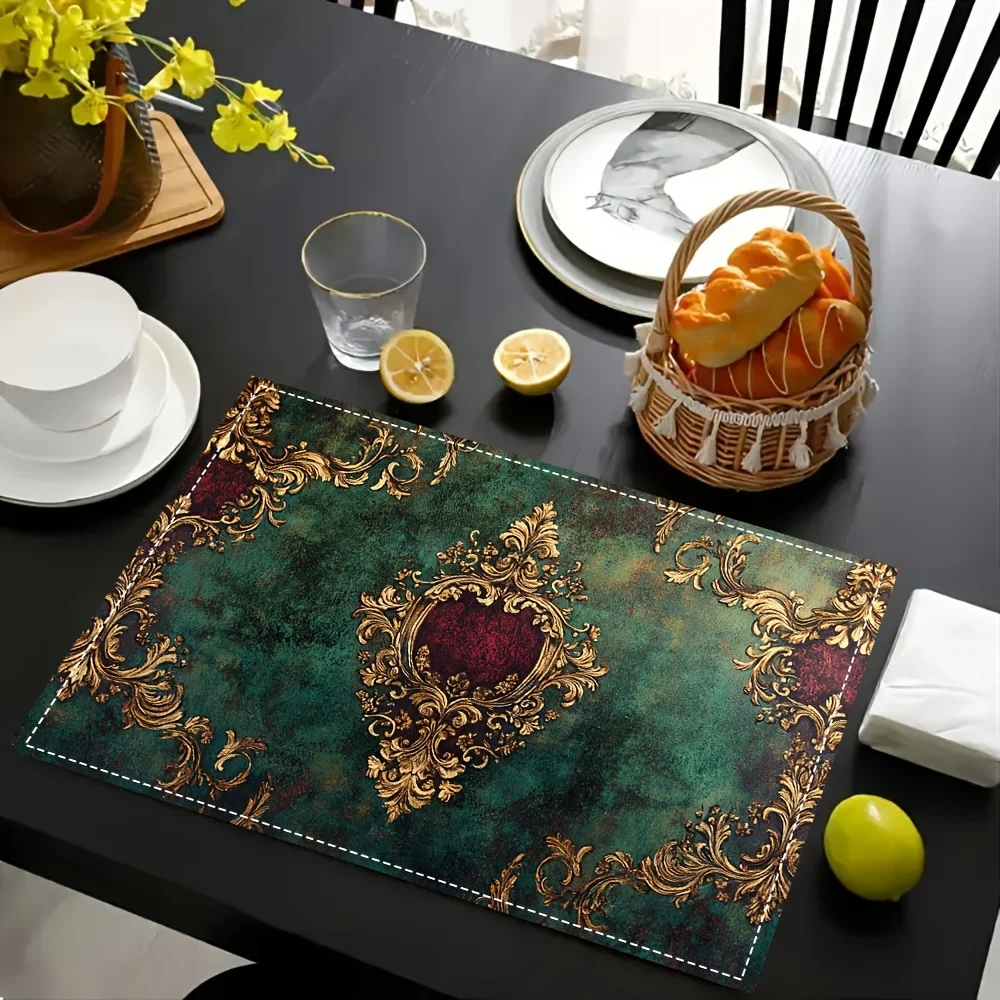 Set of 4, Elegant Emerald Green And Wine Red Baroque Style Placemats - Stylish Table Mats Suitable for Dining, Parties, And Home