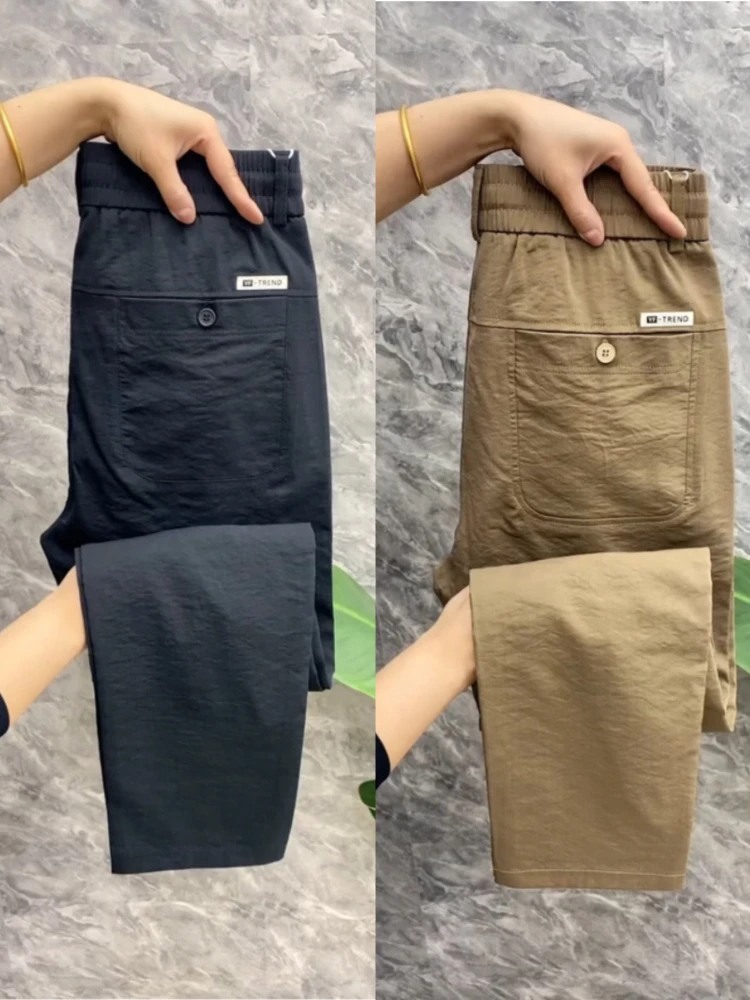 

High Quali Faionable Straight Leg Pants for Men Summer Thin Copper Ammonia Silk Elastic Slim Fit Long Casual Trousers